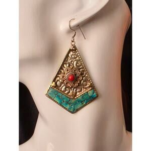 Vintage Nepalese Sterling Silver Turquoise & Coral French Wire Dangle Earrings